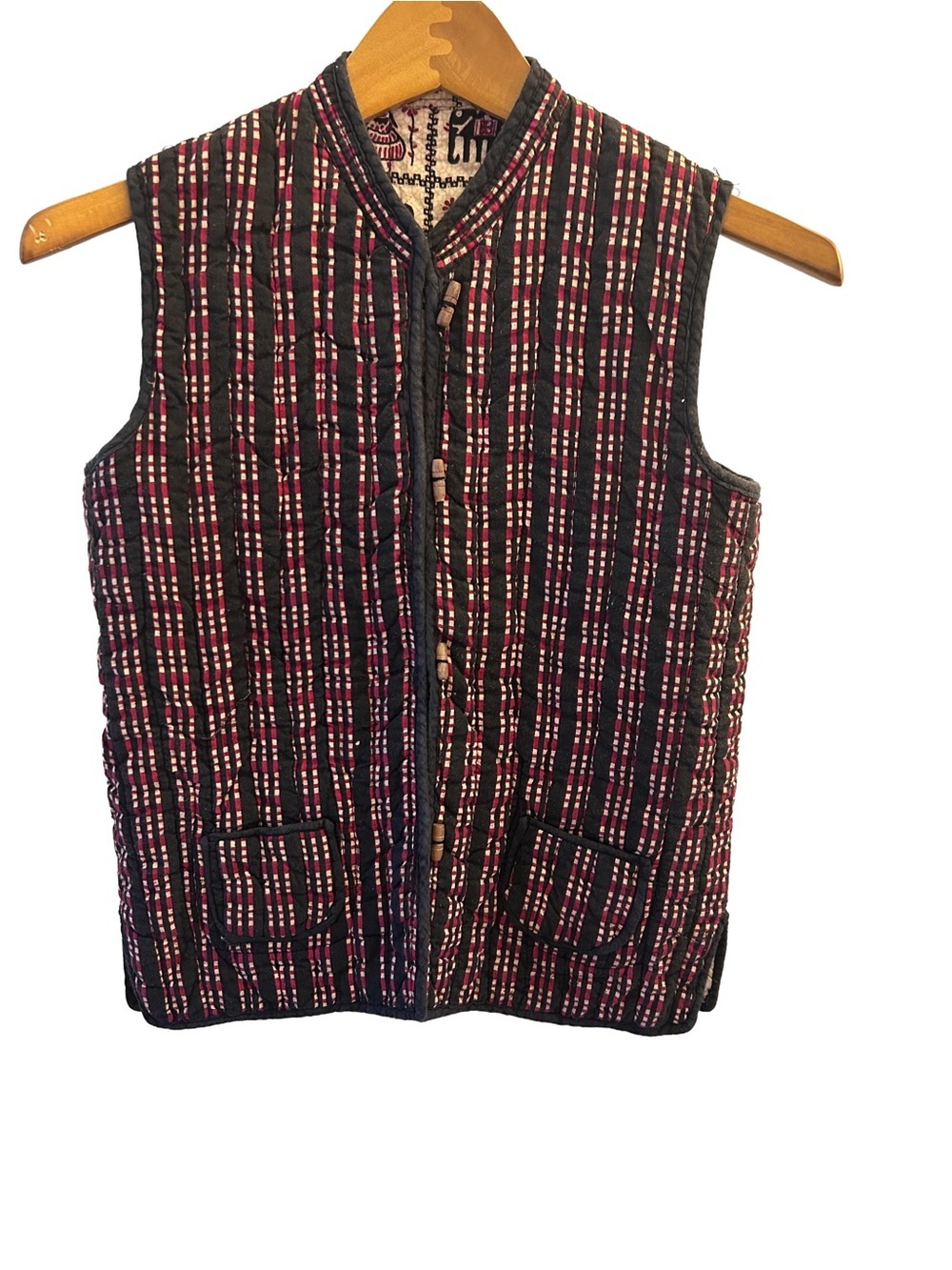 Reversible Quilted Toggle Vest โ Cream/Black/Red โ Folk Boho Style Size S - Picture 4 of 7